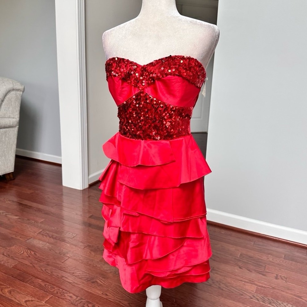 Julian Joyce by Mandalay Red Satin Sequin Strapless Tiered Cocktail Dress NWT